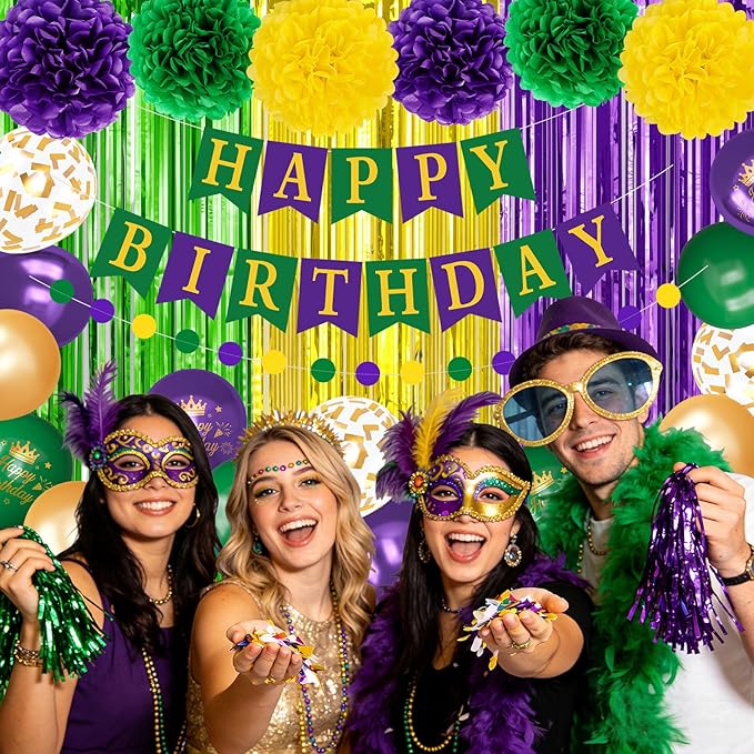 Purple Green Gold Party Decorations, Metallic Printed Confetti Balloons Fringe Curtain Happy Birthday Banner Circle Dots Garland Paper Pompom New Orleans Holiday Masquerade Party Supplies