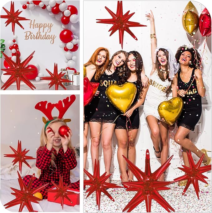 6 Pcs Red Star Foil Balloons One-Piece 14-Pointed Star Balloon 4D Starburst Cone Mylar Balloons 22inch Christmas Birthday Wedding Wedding Anniversary Party Supplies (22&27 Inches Red)