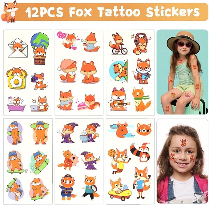 110Pcs Fox Birthday Decorations Fox Party Favors with Slap Bracelets Keychain Temporary Tattoo Stickers Badges Gift Bags for Kids Woodland Baby Shower Jungle Safari Party Supplies