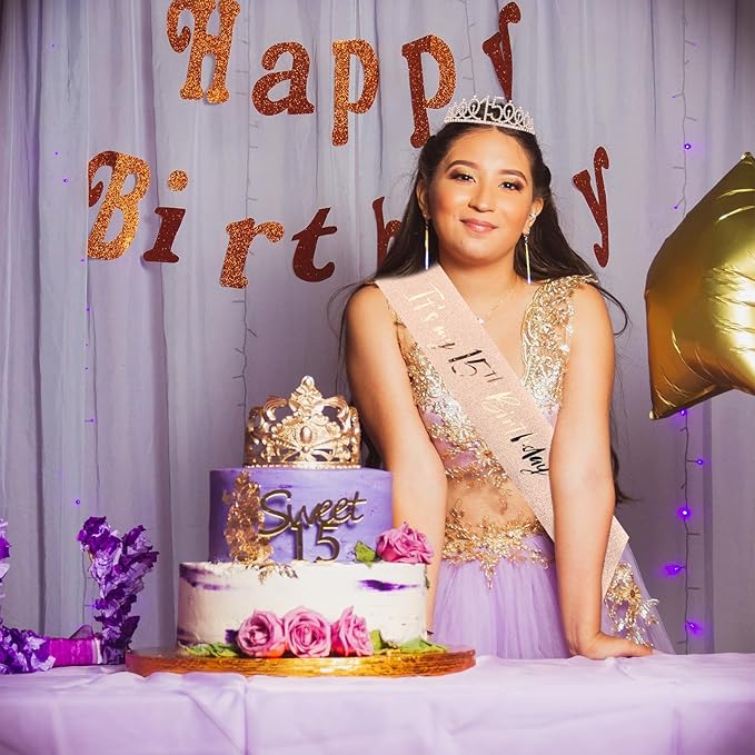 CIEHER 15th Birthday Crown + Sash + Pearl Pin Set, It's My 15th Birthday Decorations, Women's Happy Birthday Party Supplies
