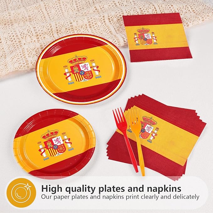 96 Pcs Spain Flag Party Decorations Disposable Spanish Flag Paper Plates and Napkins Spanish National Day Tableware Set for Country Decoration Patriotic Festival Party Supplies, Serves 24