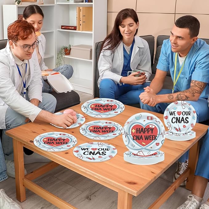 CHUNNIN 96Pcs Happy CNA Week Plates and Napkins Nurse Appreciation Week Party Decorations We Love Our CNAS Dessert Plates Nurse Tableware for 24 Guests CNA Appreciation Week Party Supplies