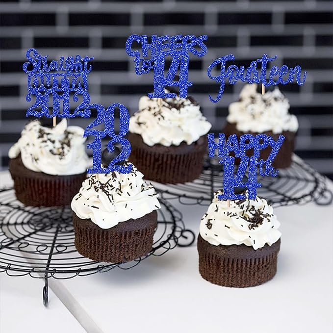 30 PCS 14th Birthday Cupcake Toppers Glitter Fourteen Happy 14 Straight Outta 2012 Cupcake Picks for Cheers to 14 Fabulous 14th Birthday Anniversary Party Cake Decorations Supplier Blue