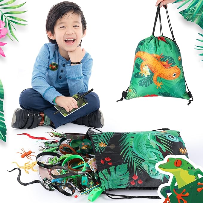 Paterr 142 Pcs Reptile Birthday Party Supplies Decorations Reptile Party Favors Bags Silicone Bracelet Wristbands Keychains Mini Notebooks Pencils Badges Stickers for Boy Girl Gift Reward