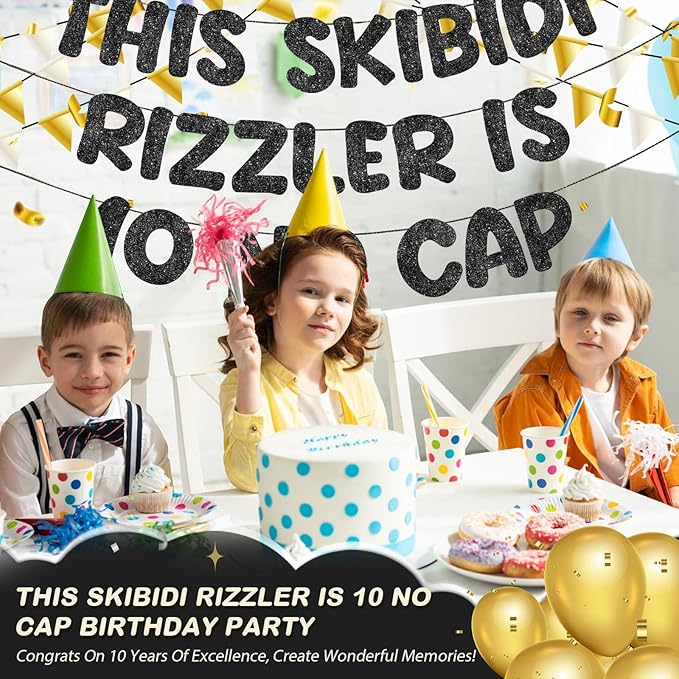 Fulmoon Pre Strung This Skibidi Rizzler Is 10 No Cap Glitter Banner 10th Birthday Party Decorations, Funny Birthday Sign, Party Supplies, Ideas, Gifts(Black)