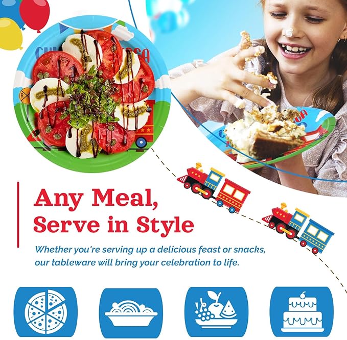Chugga Chugga Two Two Birthday Party Decorations, 120Pcs Train Themed Party Supplies Transportation Disposable Tableware Includes Paper Plates, Napkins, Cups and Straws | Serves 24