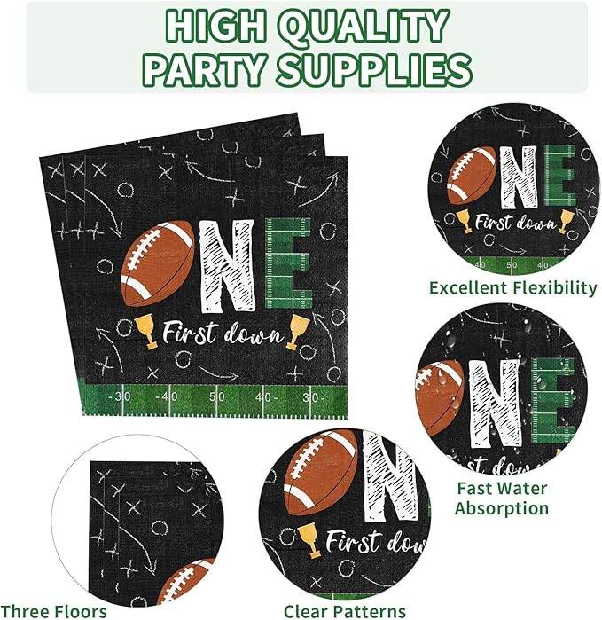 Grencian 96Pcs Football Party Decorations First Down Football Birthday Party Plates Disposable 350GSM Football Paper Tableware Set for Gameday Boys 1st Football Birthday Party, Serves 24