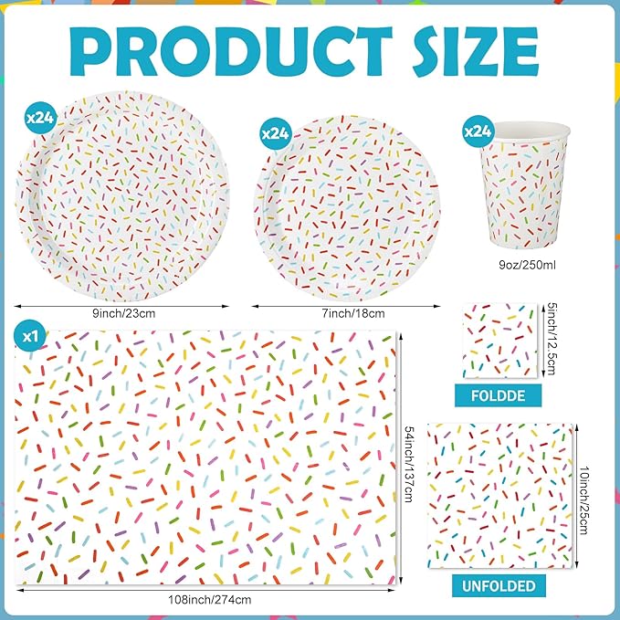 97 Pcs Confetti Sprinkles Tableware Set Include Plastic Tablecloth 24 Paper Napkins 24 Large Plates 24 Small Plates 24 Paper Cups for Sprinkle Party Decorations Wedding Birthday Supplies
