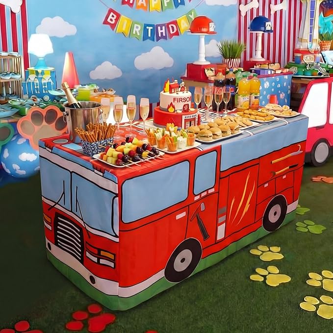 Oudain 6 FT Paw Theme Tablecloth Birthday Decorations 72 x 30 Inch Red Rescue Fire Truck Tablecloth Washable Fabric Polyester Rectangle Table Cover for Paw Party Decoration Dog Puppy Party Supplies