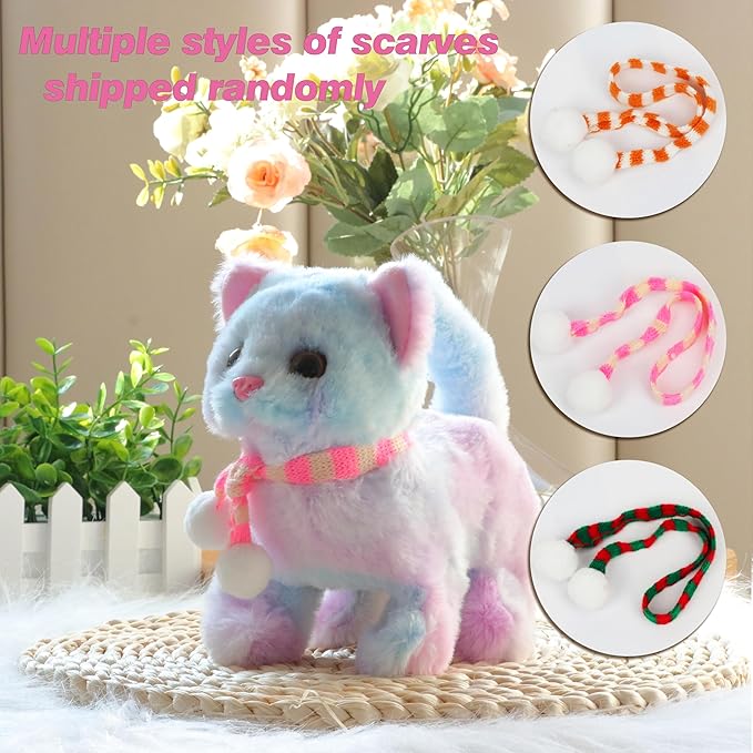 Easfan Walking Kitty Plush Toy Electric Interactive Cat Stuffed Animal Meowing Tail Wagging Head Nodding Cat Pet Toy Animated Kitten Birthday for Kids Toddlers,7.5’’ (Rainbow)