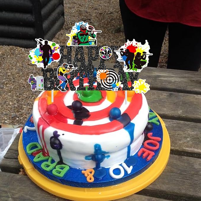 Paintball Birthday Cake Topper Glitter Black Paintball Birthday Party Decorations Paintball Themed Splatter Splash Cake Picks Decor for Paint Ball Shooting Game Sport Party Supplies