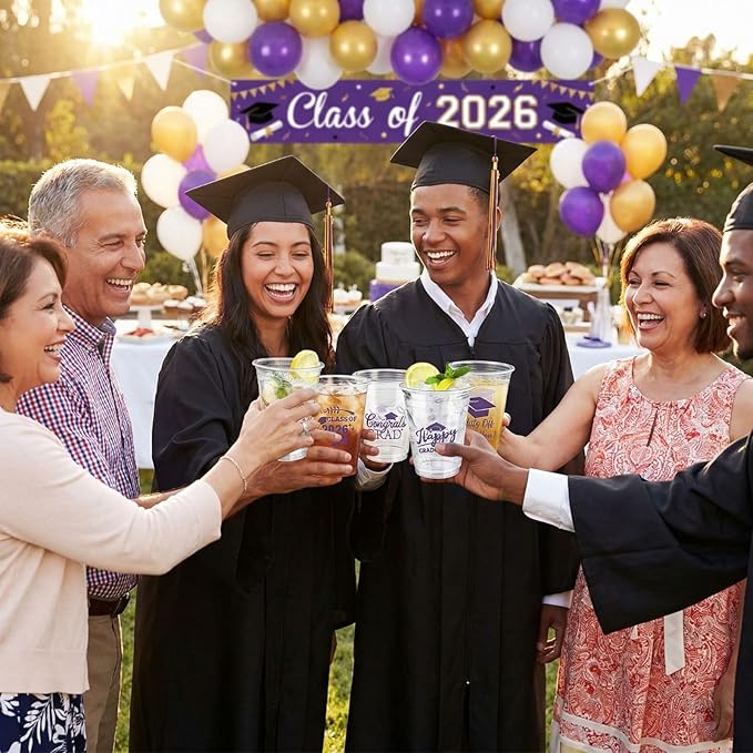 Eaasty 200 Pcs 12oz Graduation Cups 2026 Disposable Plastic Cups for Class of 2026 Graduation Party Congrats Grad Elegant Party Supplies Tableware Decorations (Purple)