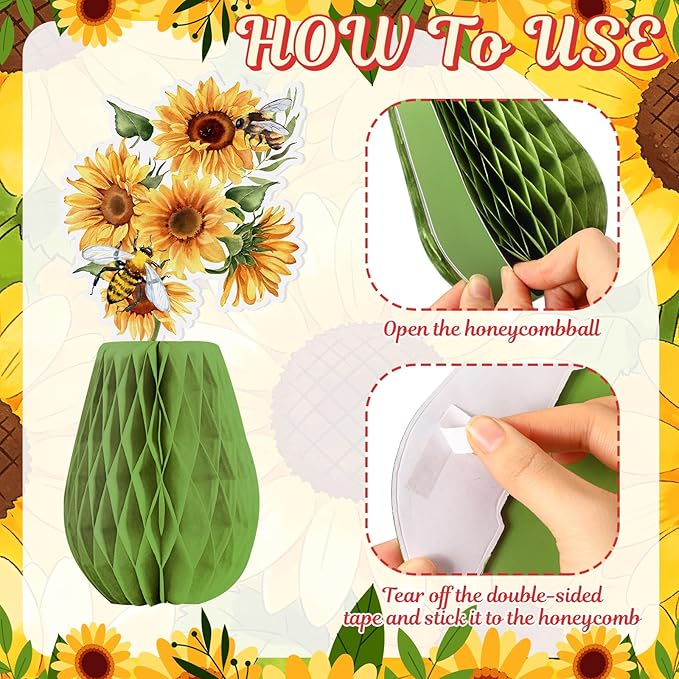 9 Pcs Sunflower Honeycomb Table Centerpieces Sunflower Party Decorations Spring Paper Yellow Honeycomb Centerpieces for Birthday Baby Shower Party Office Living Room