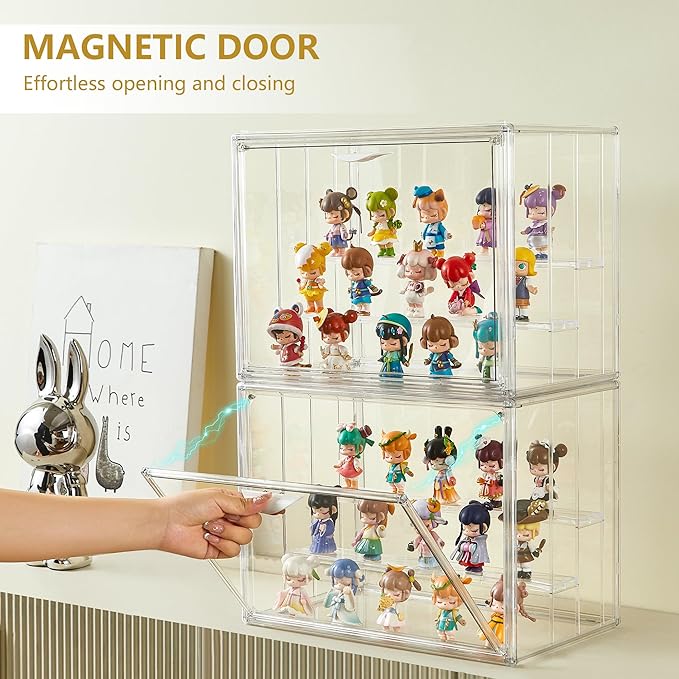 Acrylic Display Case for Collectibles 3 Layer Adjustable Figure Display Cases with Magnetic Door Clear Stackable Display Box for Figures Showcase 2Pack