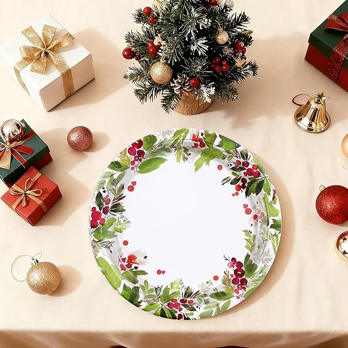 50Pcs Christmas Paper Plates 10" Watercolor Holly Plates Disposable Mistletoe Berry Platter Dinner Tableware Christmas Party Decorations for Seasonal Winter Holiday Party Supplies
