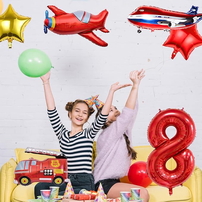 12pcs Transportation Balloons, Truck Plane School Bus Fire Truck Police Car Ship Ambulance Submarine Foil Balloon, Transportation 8th Birthday Vehicles Theme Party Supplies Decorations (8th)