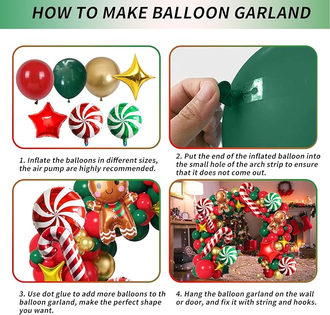 Christmas Balloon Garland Arch Kit Red Green Gold Latex Balloons Large Gingerbread Man Red Green Lollipop Candy Mini Cane Foil Balloons with Four/Five Pointed Star for Xmas New Year Party Decorations