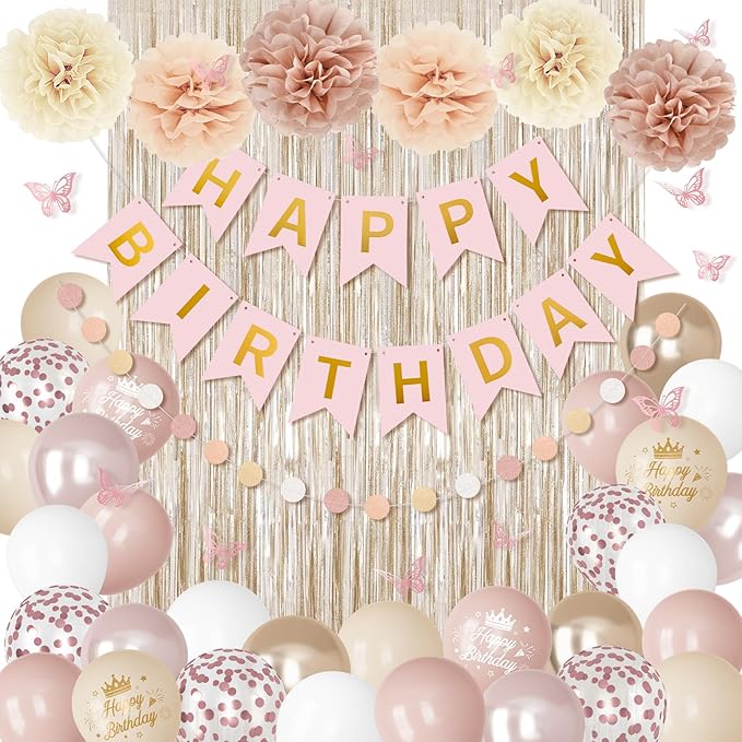 Boho Dusty Pink Birthday Decorations for Women Girls, Blush Beige Gold Metallic Printed Balloons Butterfly Stickers Fringe Curtain Happy Birthday Banner Circle Dots Garland Paper Pompom Party Supplies