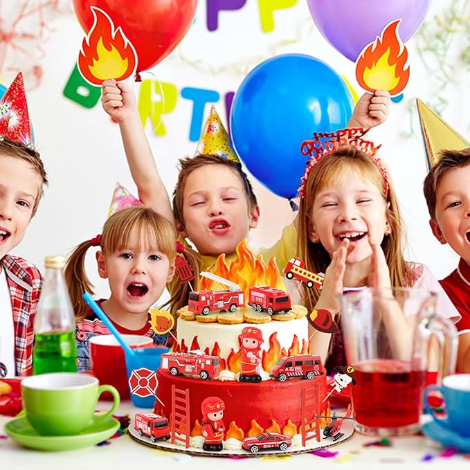 Hooqict 17 Pieces Fire Truck Cake Decorations Set with Mini Firetruck Firefighter Fire Engine Birthday Cake Toppers & Cupcake Toppers for Fireman Fire Truck Birthday Party Decorations Supplies
