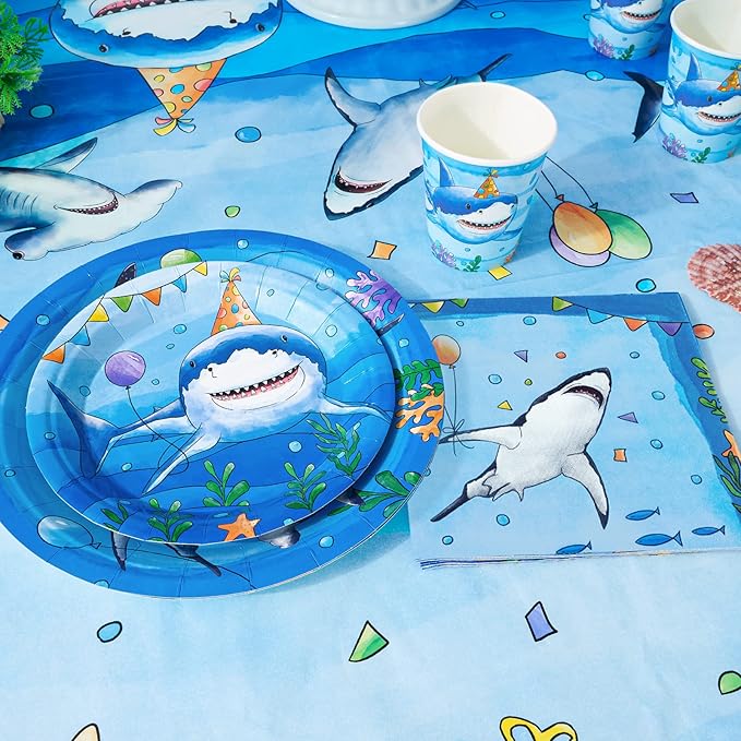 WERNNSAI Shark Birthday Party Decorations - 64PCS Under The Sea Birthday Decorations Blue Ocean Plates Cups Napkins Tableware for Kids Boys Baby Shower Summer Pool Party Decor Serves 16 Guests