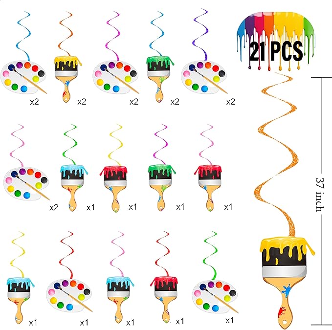 21pcs Art Painting Party Hanging Swirl Decorations Paint Brush and Palette Design Ceiling Streamers for Art Paint Birthday Party Artist Baby Shower Supplies