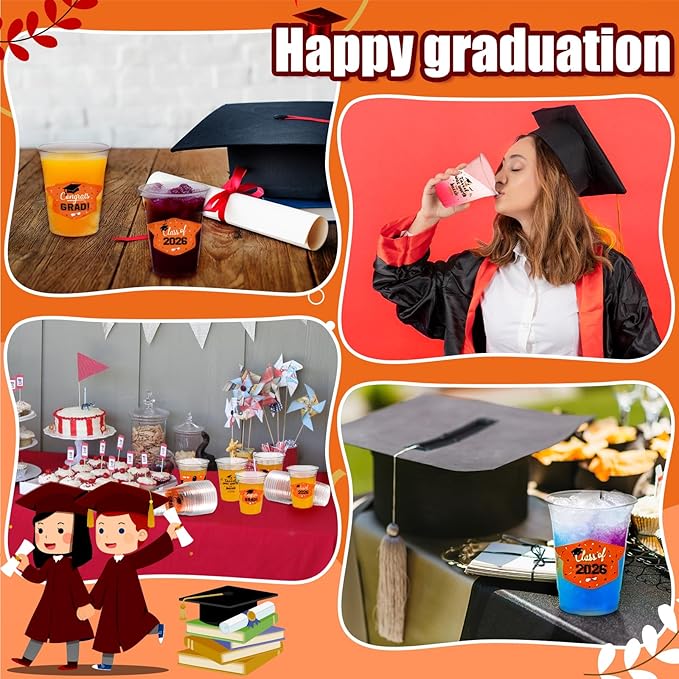 GuassLee Black and Orange Graduation Decorations Class of 2026, 50 Pack 12 oz Graduation Plastic Disposable Cups for Drinks 2026 School Grad Party Favors Supplies