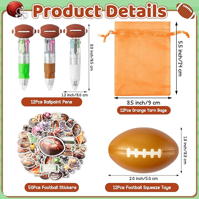 CY2SIDE 12 Pack Football Squeeze Toy Party Favor Gift Set with Ballpoint Pen Sticker and Organza Bag 2’’ Football Foam Stress Ball Bulk Classroom Prize for Kid Sport Lover Birthday Goodies Bag Stuffer