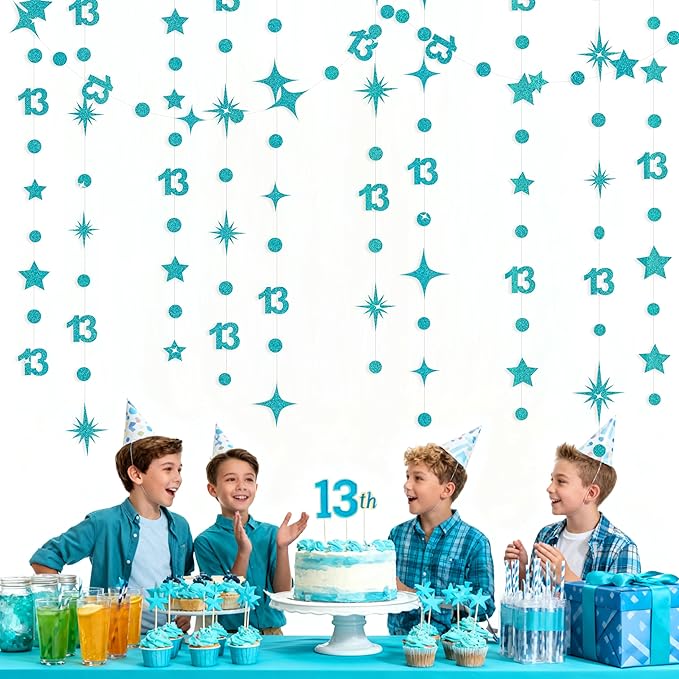 Teal Blue 13th Birthday Decorations Number 13 Circle Dot Star Garland Glitter Streamer Banner Backdrop for Girls Boys Official Teenager Cheers to 13 Years Old Birthday 13th Anniversary Party Supplies
