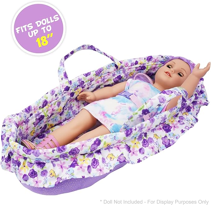 June Garden Cozy Dream Doll Bassinet - Baby Doll Portable Carrier - Fits for American Girl Dolls up to 18" - Soft Pillow & Safety Buckle Included - Purple