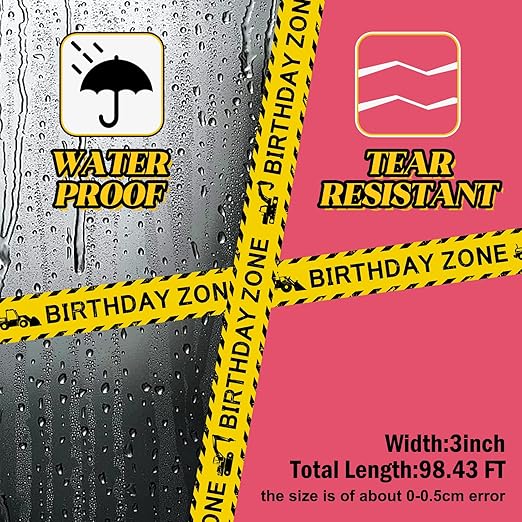 Nuanchu 2 Rolls 3'' x 98 Feet Birthday Zone Construction Party Tape Decorations Construction Birthday Party Supplies Favors for Kids Classroom Room Decor(No Stickiness)