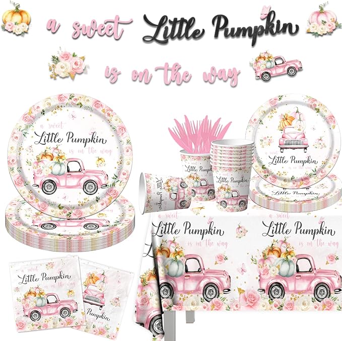 Little Pumpkin Baby Shower Party Decorations Tableware,142Pcs A Sweet Little Pumpkin is On The Way Girl Pink Floral Truck Disposable Tablecloth,Plates,Napkins for Autumn Fall Thanksgiving Supplies