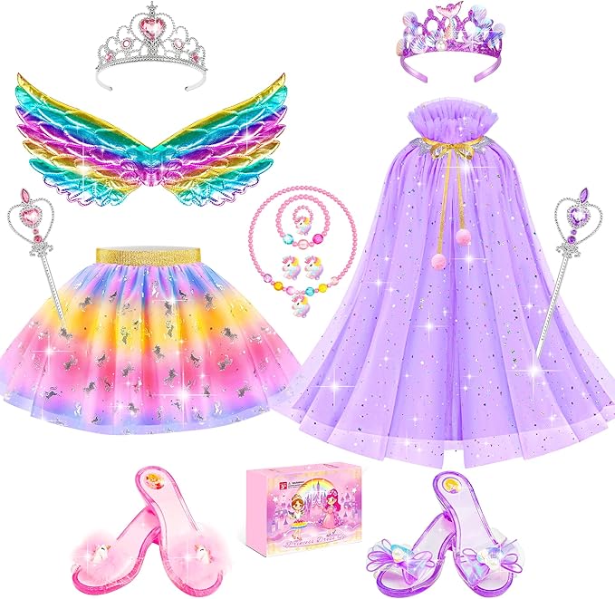 Jeowoqao Princess Dress Up Clothes for Little Girls, Dress Up Shoes Pretend Play Unicorn Mermaid Costumes, Tutu Skirt, Princesss Cape Crown Wand Accessories Toys Christmas Gifts for Girl Kids3 4 5 6