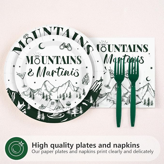 96Pcs Camp Bachelorette Decorations Green Tiny Bit Bridal Shower Plates and Napkins Mountains and Martinis Tableware Set for Camp Cocktail Wedding Engagement Bachelorette Party Supplies, Serves 24