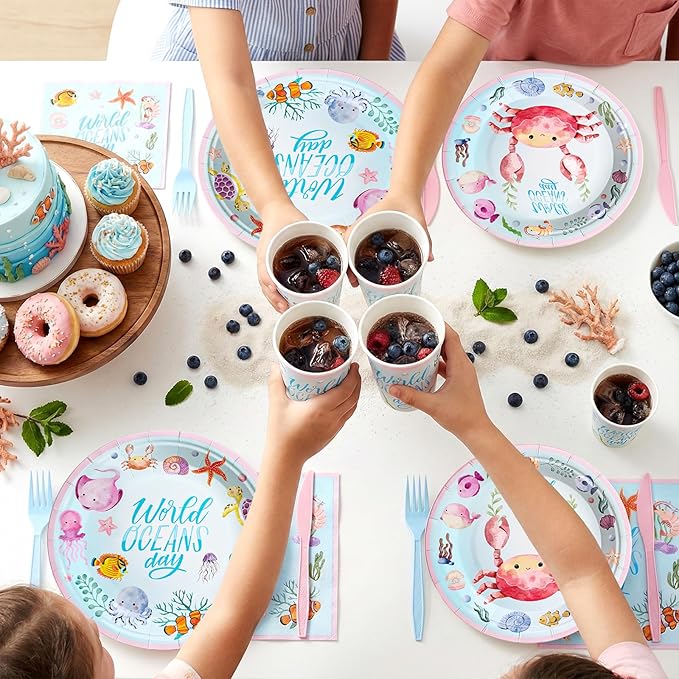 144Pcs Under the Sea Animal Birthday Party Supplies Decorations Paper Plates Napkins Vintage Party Tableware Disposable Pink Ocean Dinnerware Set for Kids Birthday Baby Shower Table Decor, Serve 24