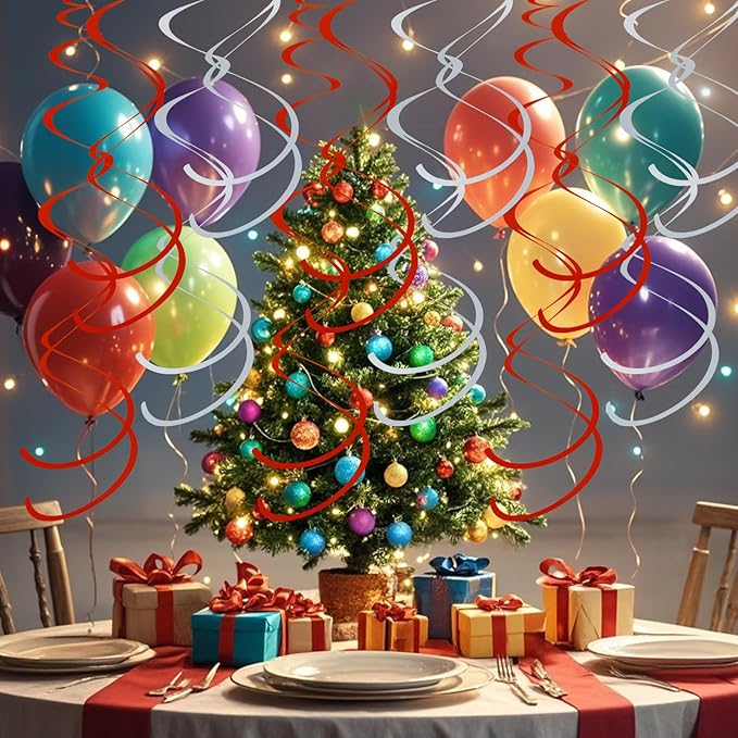 Colorful Ceiling Swirl Foil Decorations Hanging Plastic Streamer Themed Swirl Party for Christmas Graduation Celebration, Pack of 28 (Red and Sliver)