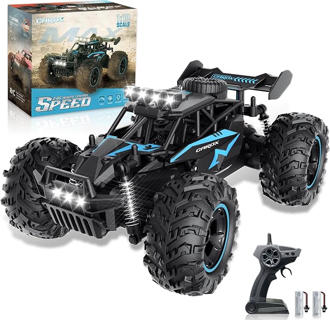 Carox Remote Control Car, 2.4GHz 25KM/H High Speed RC Car, 1:18 Off-Road Monster Truck with LED Lights and 1800mAh Rechargeable Battery – Ideal Gift for Boys 6+
