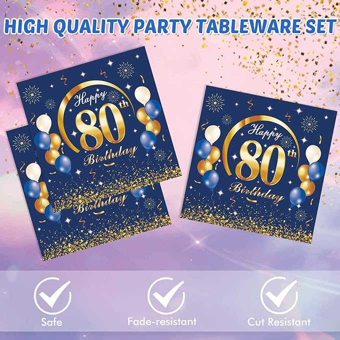 40PCS 80th Birthday Decorations forMen 80th Birthday Decorations Navy Blue and Gold Theme Party Supplies Include Plates and Napkins For 80 Years Old Party Supplies Gifts