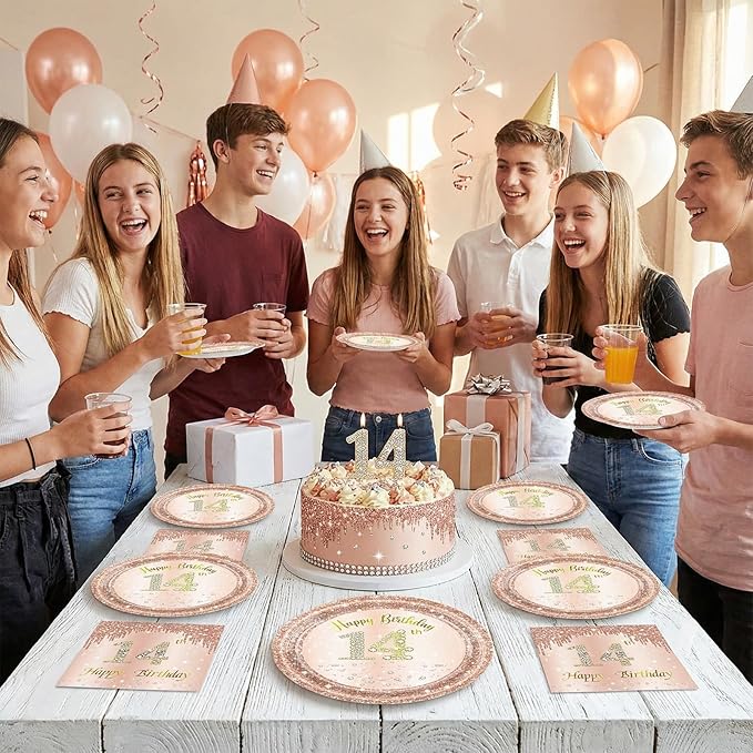 40Pcs 14th Birthday Decorations for Girls Rose Gold 14th Birthday Party Plates and Napkins Happy 14 Years Party Theme Tableware,Disposable 7'' Paper Plates,Napkins for Her,Girls Teen Party Supplies