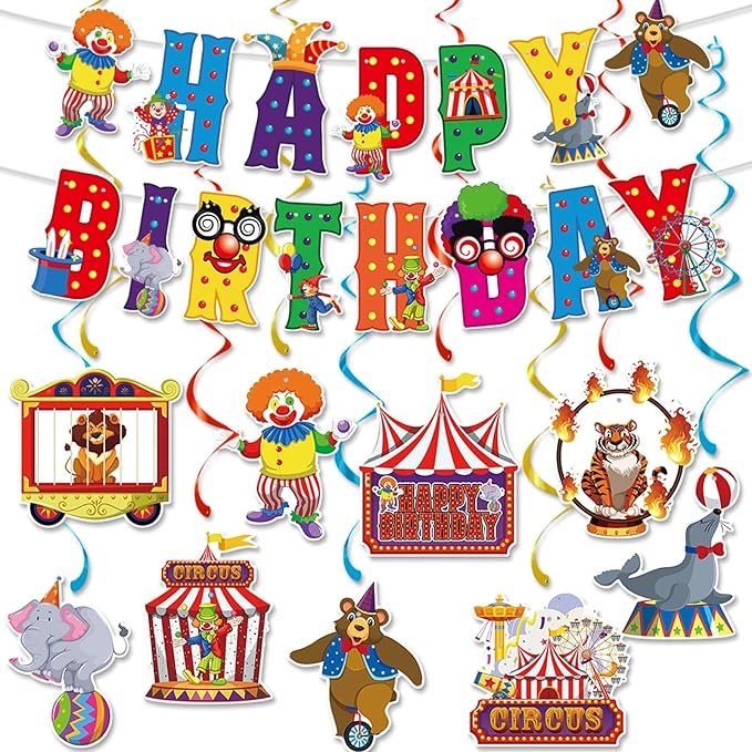 Zwiebeco Colorful Circus Happy Birthday Banner Bunting Hanging Paper Swirls Garland Party Decorations for Funfair Circus Amusement Park Clown Carnivals Themed Kids Bday Decor Accessories Supplies