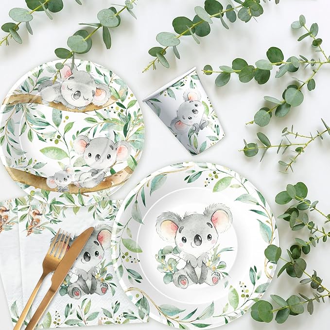 APOWBLS Koala Birthday Party Supplies - Safari Jungle Animal Australian Koala Theme Baby Shower Birthday Decorations Tableware, Paper Plates, Napkins, Tablecloth, Forks | Serves 24
