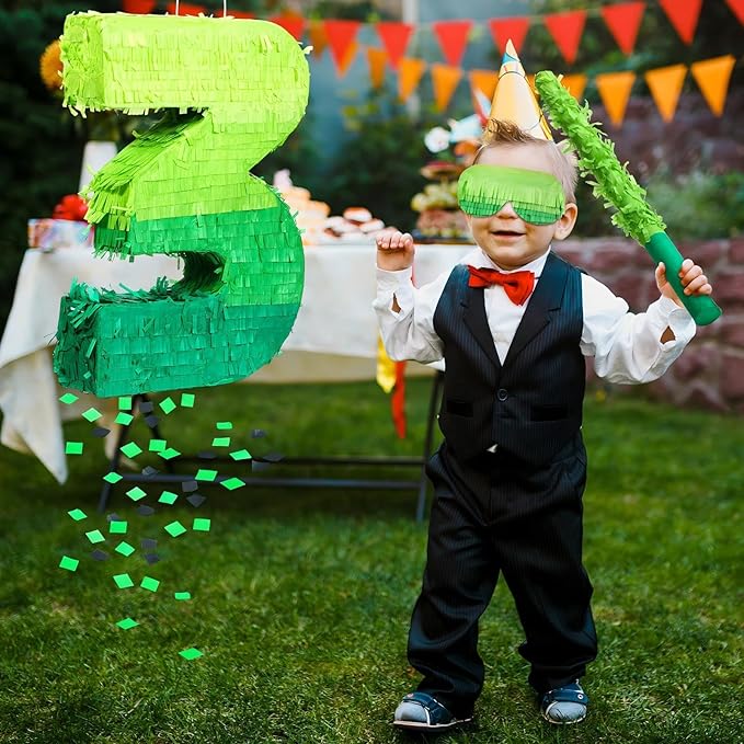 Number Piñata Decorations 16 Inch Gradient Green Piñata with Blindfold Stick and Confetti for Birthday Baby Shower Safari Jungle Themed Party Supplies Centerpiece(Number 3)