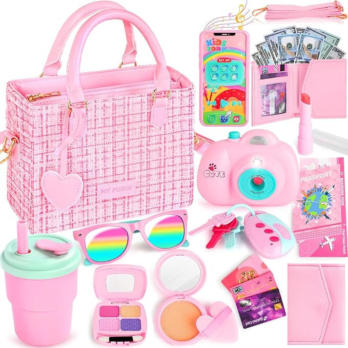INNOCHEER Little Girls Purse, Kids Toy Purse with Pretend Makeup, 3 4 5 Year Old Girl Birthday Gifts, Pretend Play Toddler Purse, Birthday Christmas Princess Gifts Toys for Girls 3 4 5 6 7 8 Year Old