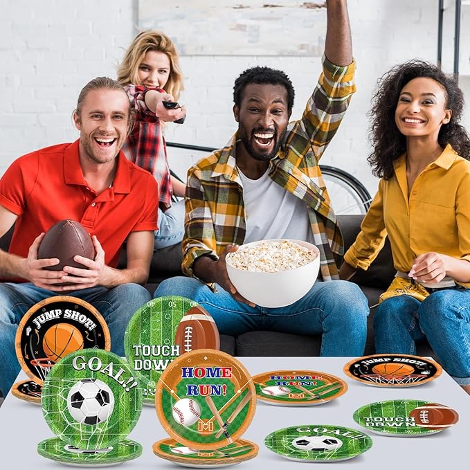 CHUNNIN 48Pcs Sports Birthday Party Paper Plates Sports Themed Party Supplies 7" Football Basketball Soccer Baseball Birthday Disposable Plates for Kids court Baby Shower Decorations