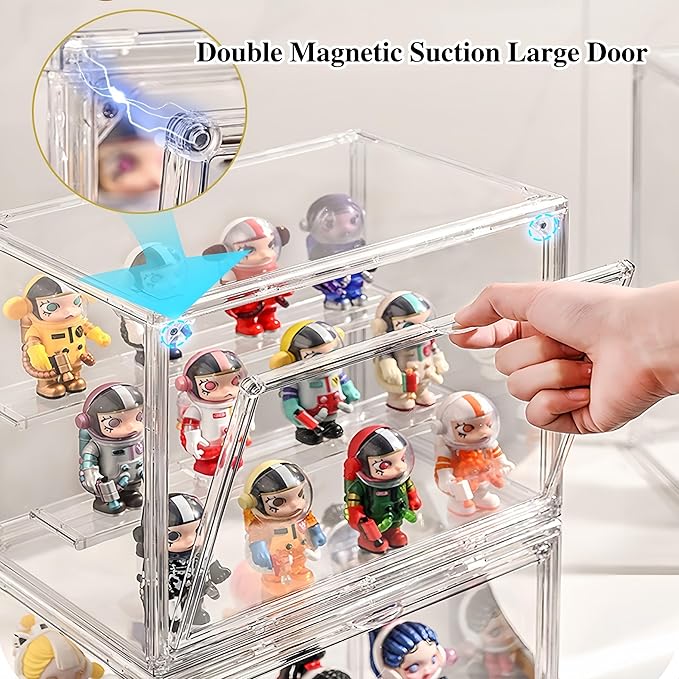 2 Pack: 3-Tier pop Figure Display case for Collectibles - Magnetic Closure, Interlocking Shelves for Vinyl Figures, Bobbleheads - Space-Saving Set (M 10.6''x7.6''x17.3'' )