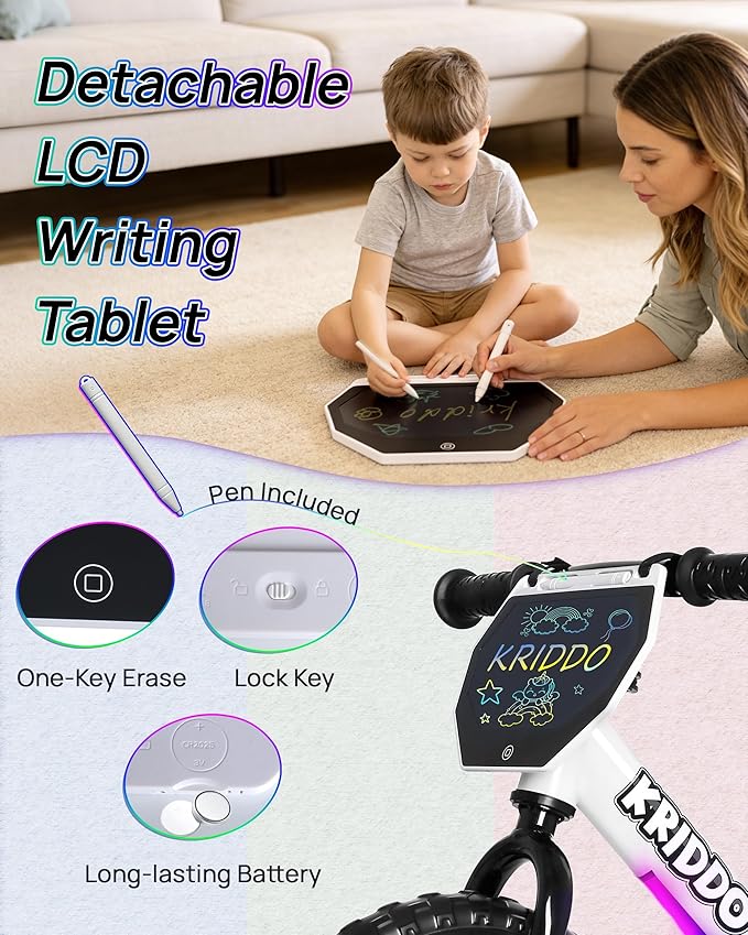 KRIDDO Toddler Balance Bike 2 Years Old, 12-Inch Colorful Lighting-Up Push Bicycle with LCD Writing Tablet, Steady Balancing, Gift Bike for 2-5 Boys Girls, LED-White
