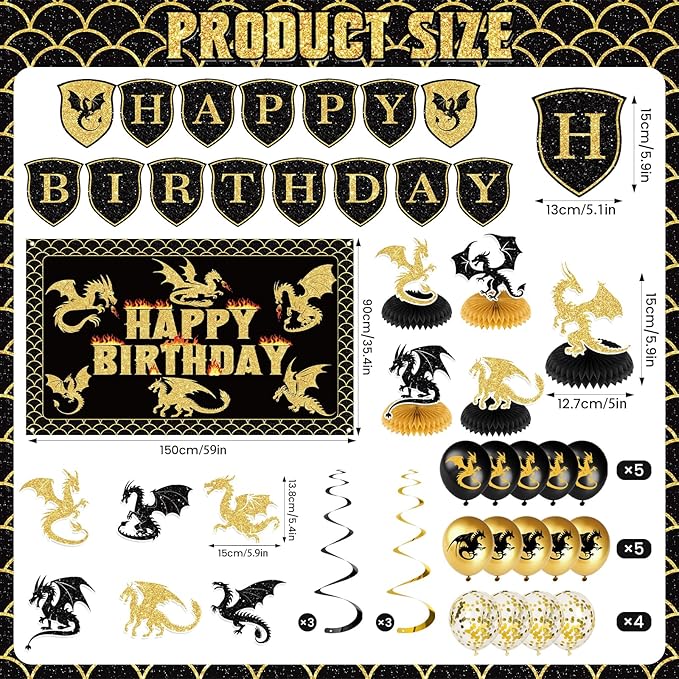 Dragon Birthday Party Decorations Black Gold Dragon Knight Party Supplies with Birthday Banner Backdrop Honeycomb Topper Hanging Swirls Balloons for Kids Dragon Decor
