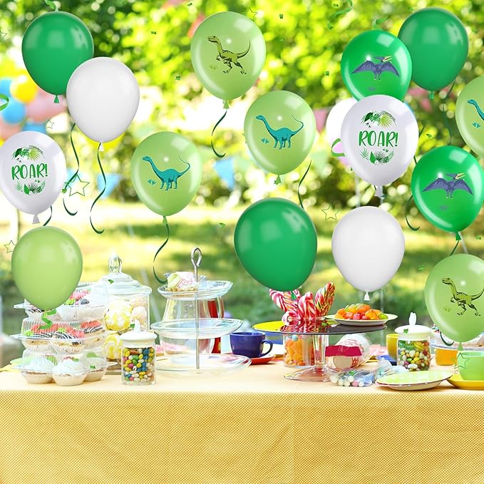 Dinosaur Balloons, 12 Inch Dino Printed Balloons Green White Lime Green Latex Balloons for Birthday Party Jungle Dinosaur Themed Decoration for Boys Birthday Party Baby Shower Supplies
