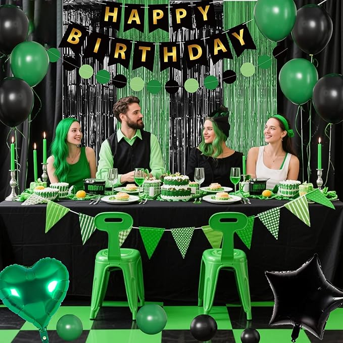 Black And Green Birthday Decorations for Men,Fringe Curtains Happy Birthday Banner,Red balloons,Cake Toppers for Boys