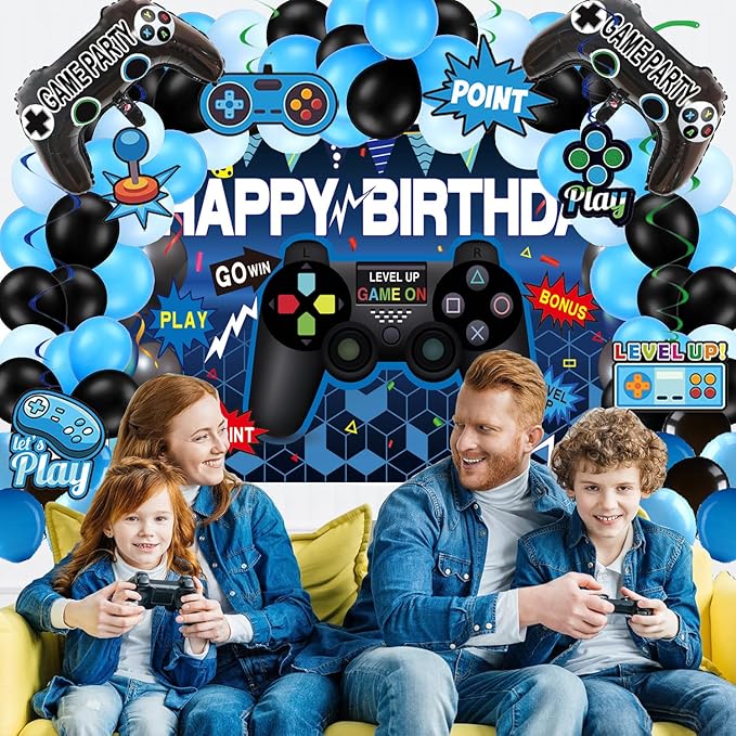 75Piece Video Game Party Decorations Set: Gamer Birthday Supplies with Happy Birthday Backdrop, Table Cover, Hanging Swirls, Cake Toppers, Foil Balloons, Latex Balloons – Perfect Game ON Party!