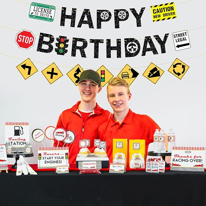 Pre-Strung Driver’s License Birthday Decorations, NO DIY Glitter Happy Birthday Banner New Driver Car Road Signs, 16th 17th Learner Driver Birthday Party Supplies